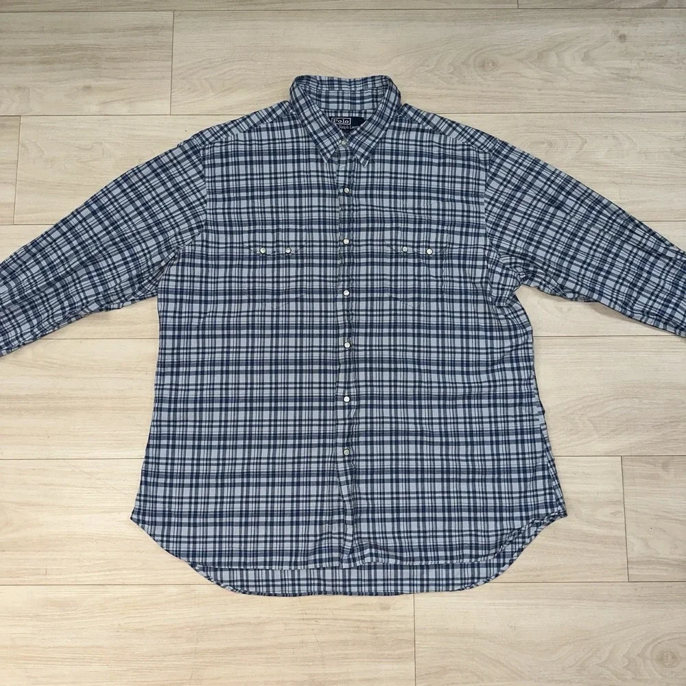 Polo Ralph Lauren Western Pearl Snap Shirt Mens XL Blue Plaid Linen Cotton Blend